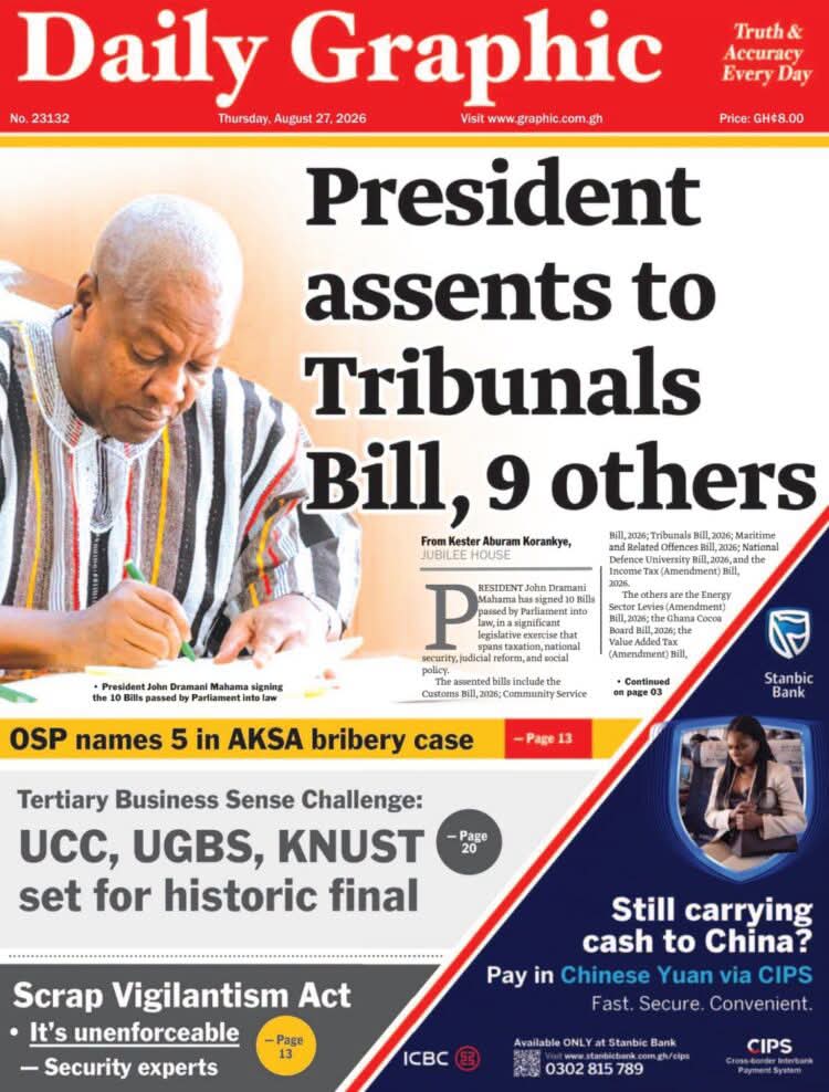 Newspaper Front Pages: Thursday, 27 August 2026